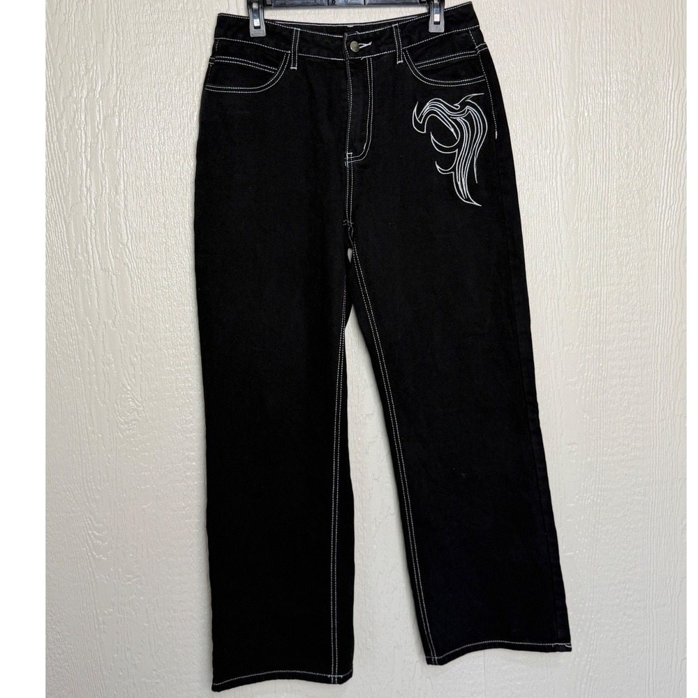 Black Contrast Stitch Wide Leg Jeans Tribal Embroidery Y2K Streetwear Size L EUC